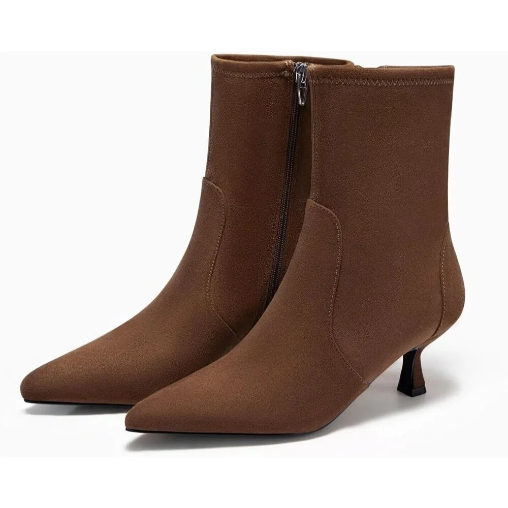 Women's Dark Brown Low Kitten Heel Ankle Shoes Pointed Toe Side Zipper Fall Boot